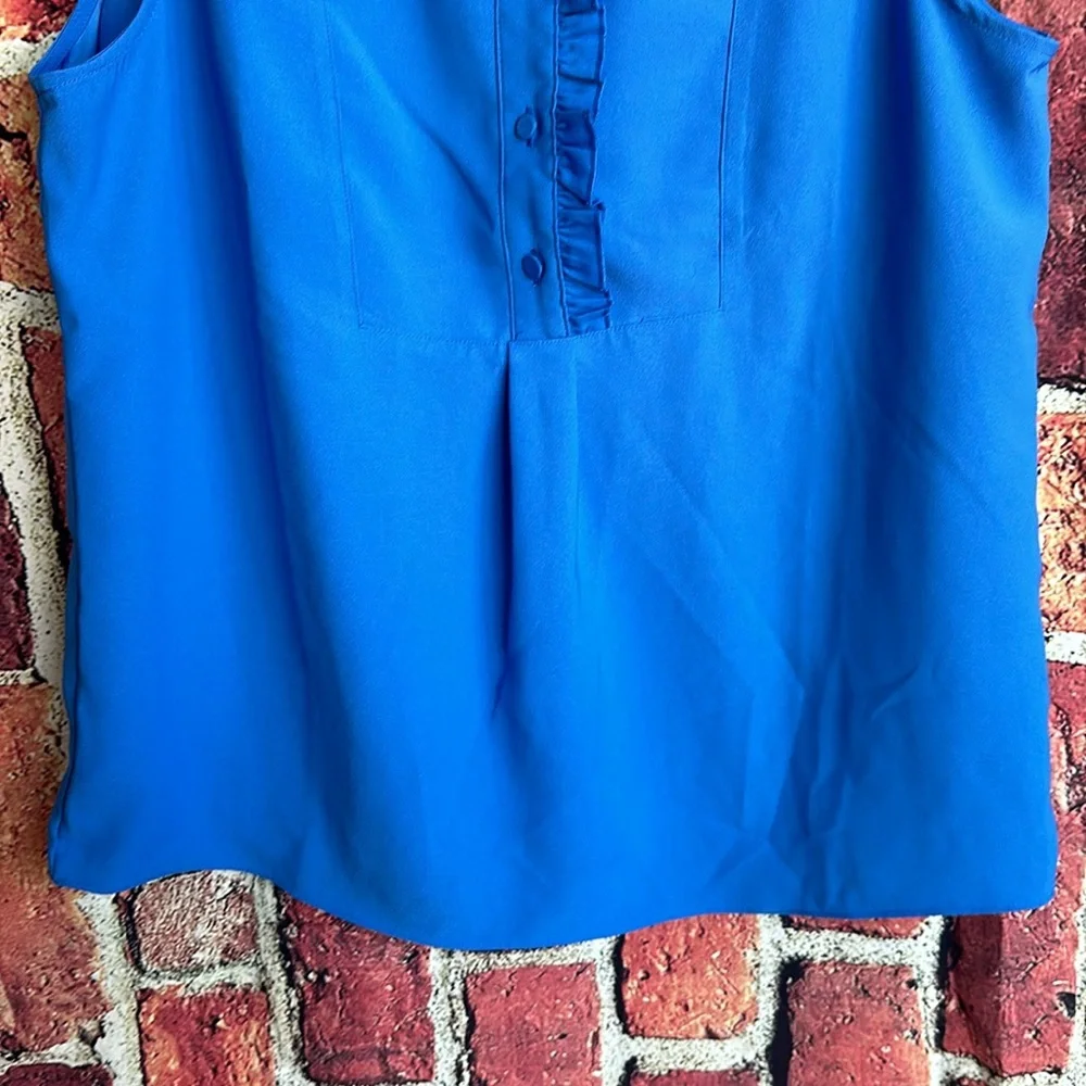 J Crew Shirt Womens 6 Blue Sleeveless Half Button Up Ruffle Polyester Large